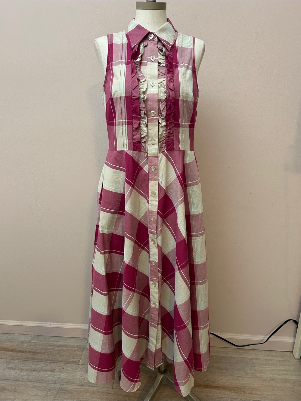 VTG Sleeveless Pink Plaid Maxi Cotton Dress with Ruffle Button Front size 10